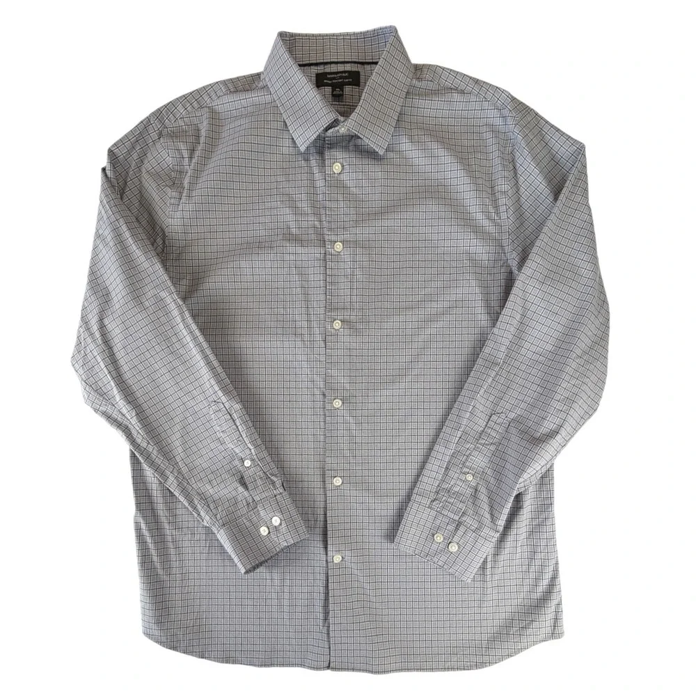 Banana Republic‎ Mens XL Wrinkle Resistant Slim Fit Dress Shirt Grey Plaid Grid